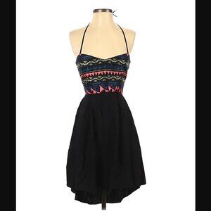 Parker Cleo Dress S Silk Linen Embroidered Geometric Bodice Halter Black Pink